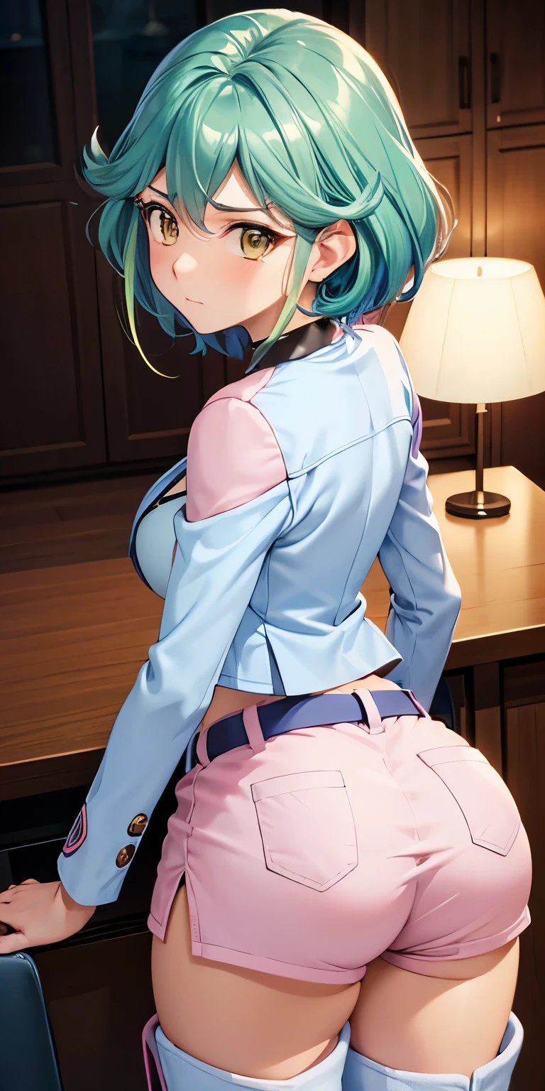 of the highest quality, High resolution,Hatsune Miku , 1 girl, alone, Golden hair, blue eyes, short hair,earrings,big breasts, frown,worried face,1 girl, naked,huge butt , streak,looking at the viewer,push, butt to the viewer,backward