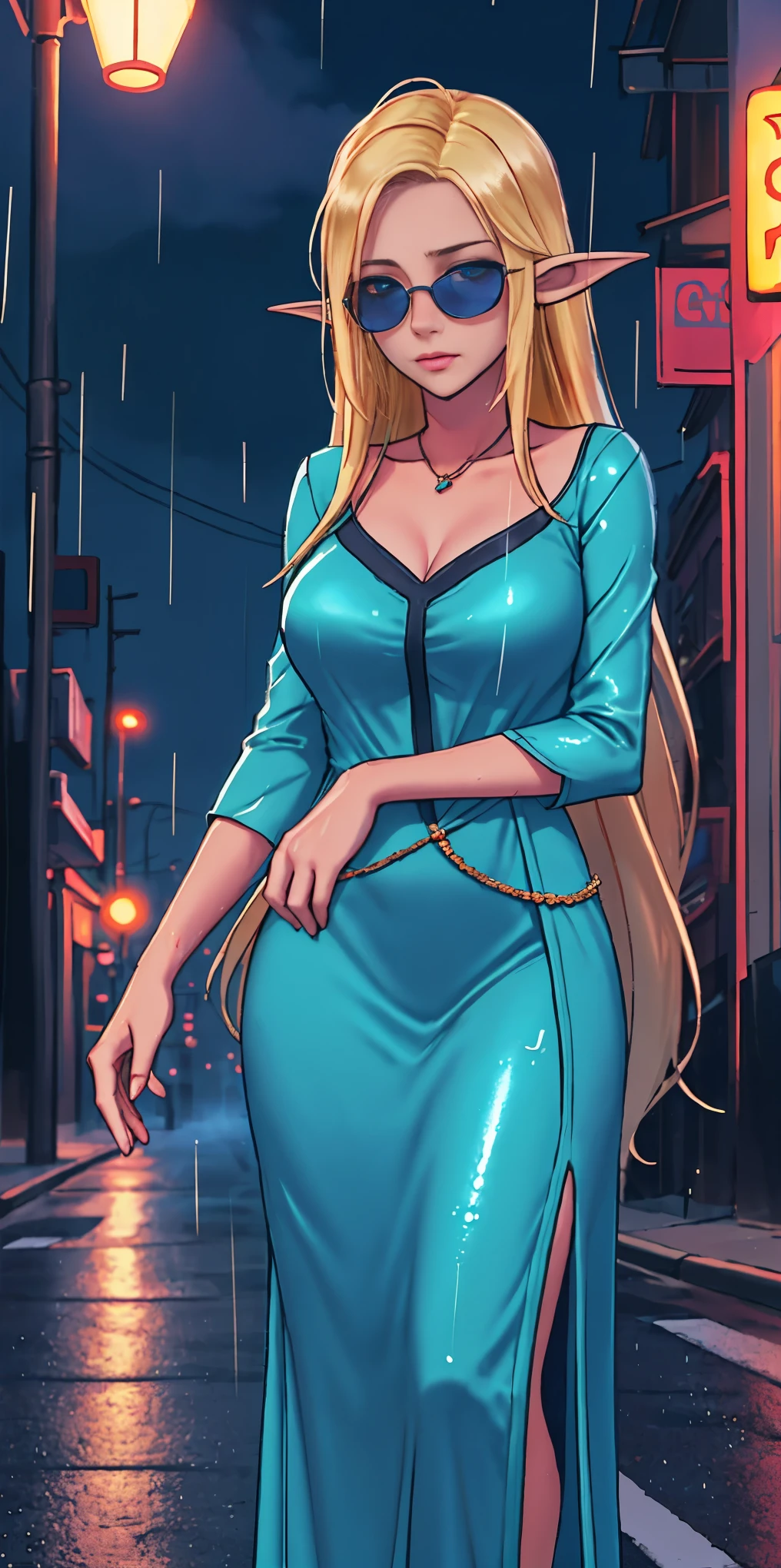Setting: Atmospheric Street Background (Think bustling city street at night with neon lights and rain, a foggy alleyway, or a deserted highway at dusk) - Choose the specific atmosphere you desire. Character: Appearance: Ultra Quality - High level of detail and realism Shiny Skin - Glowing and healthy Long wet Hair - Flowing down the back Narrowed Eyes - Focused and intense expression (sharp or piercing) Attire: Long Dress - Elegant and flowing Pose: Fingers Crossed - A gesture hinting at hope, nervousness, or even making a wish. Accessories: Sunglasses - Adding a touch of mystery or coolness (consider the style of sunglasses to match the overall mood) Additional Notes: Consider adding details about the character's posture (standing tall, leaning against a wall, etc.) to enhance the scene. The quality of the image is 8K or Cinematic elf woman praying hands