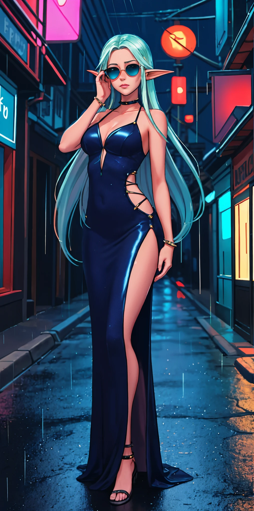 Setting: Atmospheric Street Background (Think bustling city street at night with neon lights and rain, a foggy alleyway, or a deserted highway at dusk) - Choose the specific atmosphere you desire. Character: Appearance: Ultra Quality - High level of detail and realism Shiny Skin - Glowing and healthy Long wet Hair - Flowing down the back Narrowed Eyes - Focused and intense expression (sharp or piercing) Attire: Long Dress - Elegant and flowing Pose: Fingers Crossed - A gesture hinting at hope, nervousness, or even making a wish. Accessories: Sunglasses - Adding a touch of mystery or coolness (consider the style of sunglasses to match the overall mood) Additional Notes: Consider adding details about the character's posture (standing tall, leaning against a wall, etc.) to enhance the scene. The quality of the image is 8K or Cinematic elf woman praying hands