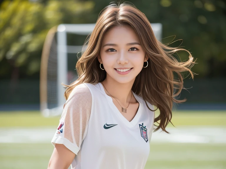 Ultra high resolution, excellent quality, best quality, highly detailed, realistic, 8K, RAW photo, best quality, masterpiece, (sportswoman:1.2), (energetic girl), amazing girl, light brown hair, wavy hair, medium long hairstyle, mesh hair, Japanese idol, ear piercing, necklace around neck, white t-shirt, smiling face, ((football player:1.2)), ((full body:1.2))