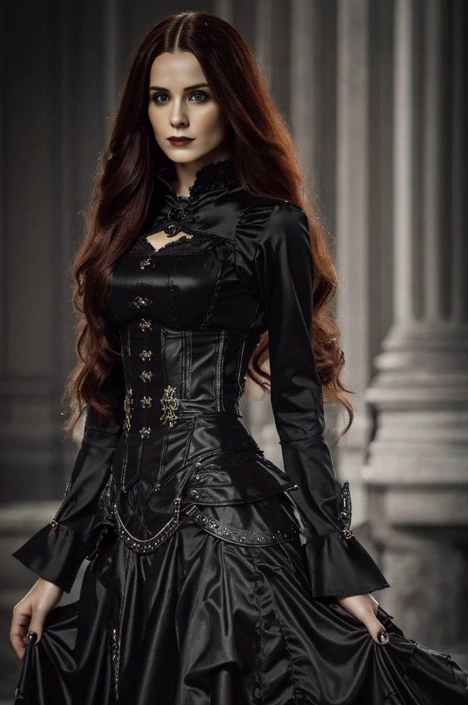 1 Gothic woman, 30 years old, pretty face, ultra detailed face and body, hyperrealistic, realistic representation, wearing a black bodice and a skirt with pointed, fiery red long hair