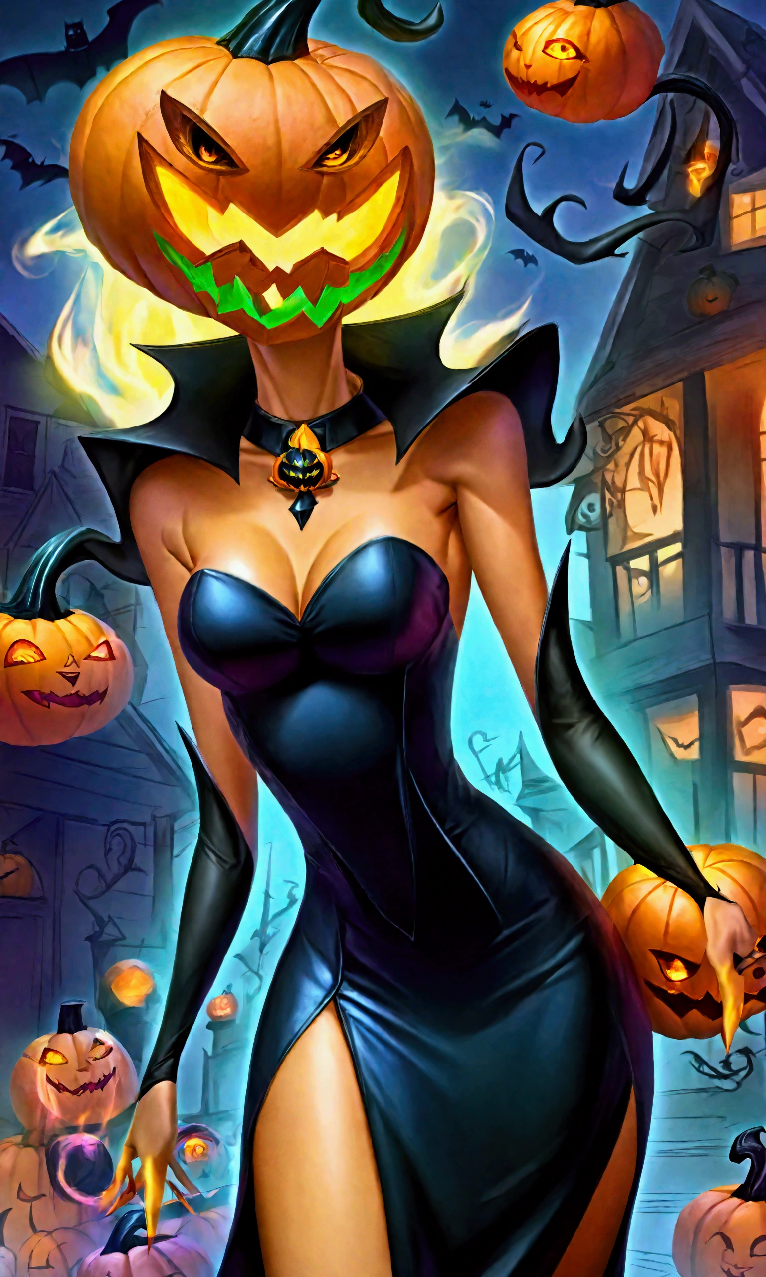 (pumpkin queen PQueen spooky evil(Jack o Lantern head, pale sexy woman, slinky evil dress, wreathed in evil flame)) strolls down the main street of a Halloween village
