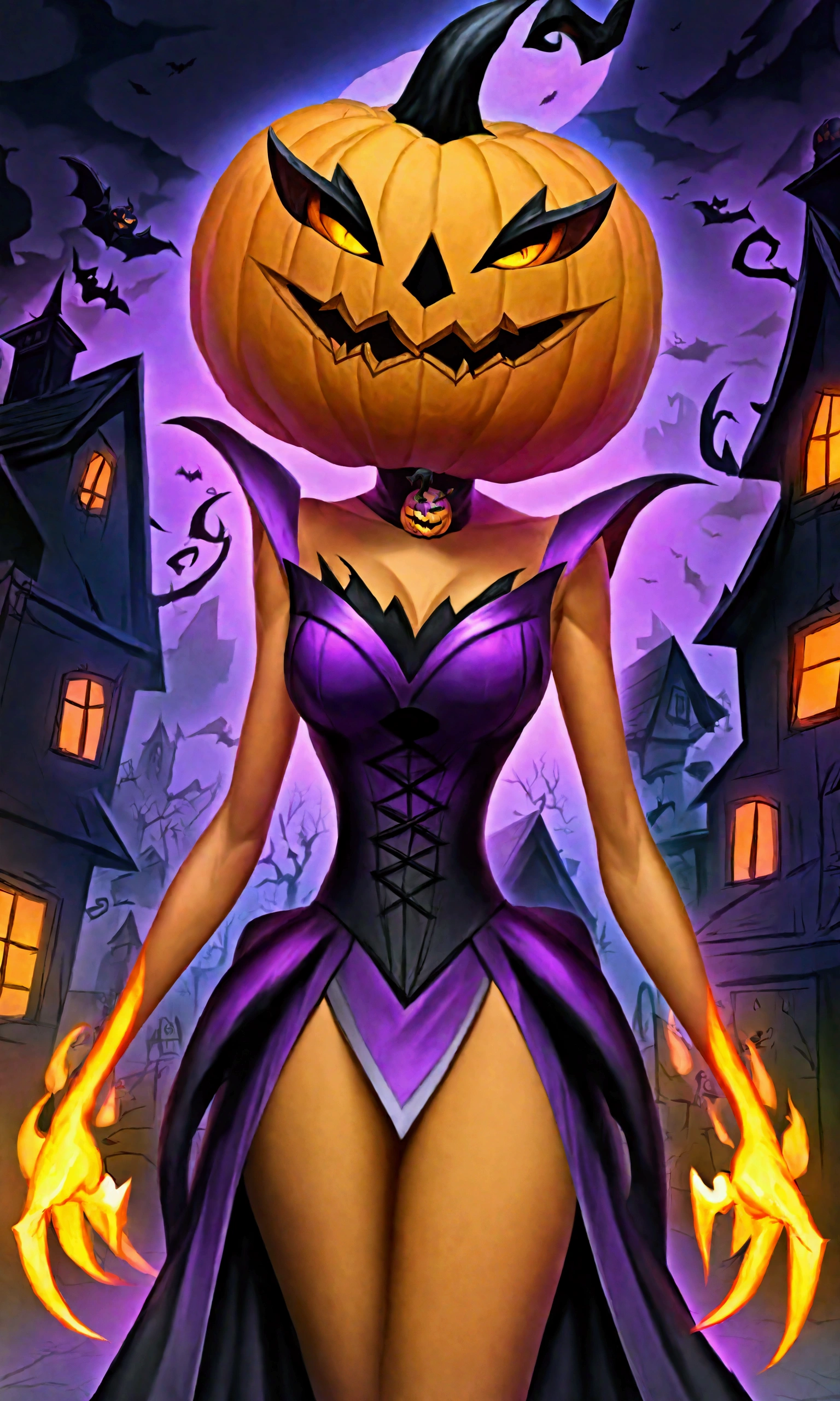 (pumpkin queen PQueen spooky evil(Jack o Lantern head, pale sexy woman, slinky evil dress, wreathed in evil flame)) strolls down the main street of a Halloween village
