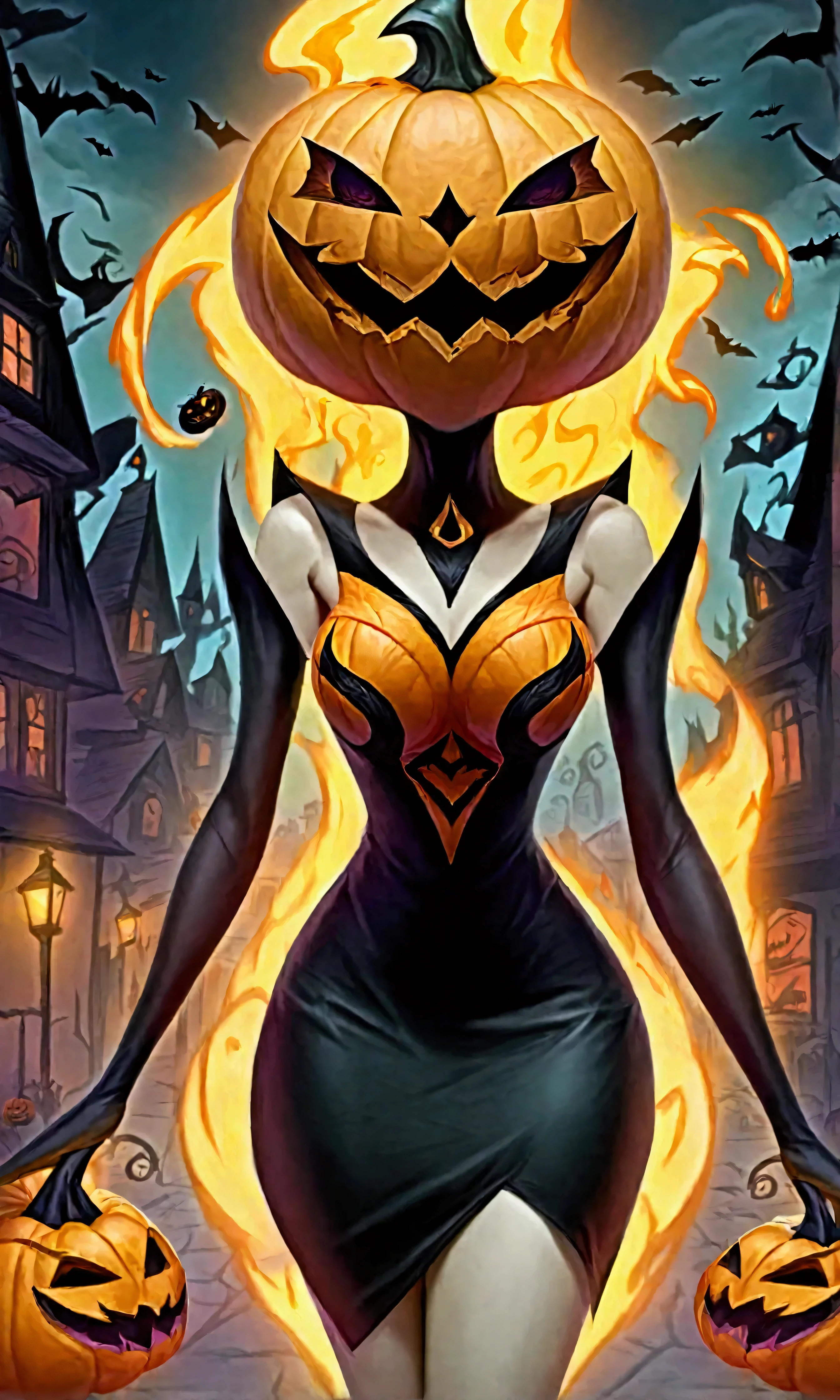 (pumpkin queen PQueen spooky evil(Jack o Lantern head, pale sexy woman, slinky evil dress, wreathed in evil flame)) strolls down the main street of a Halloween village
