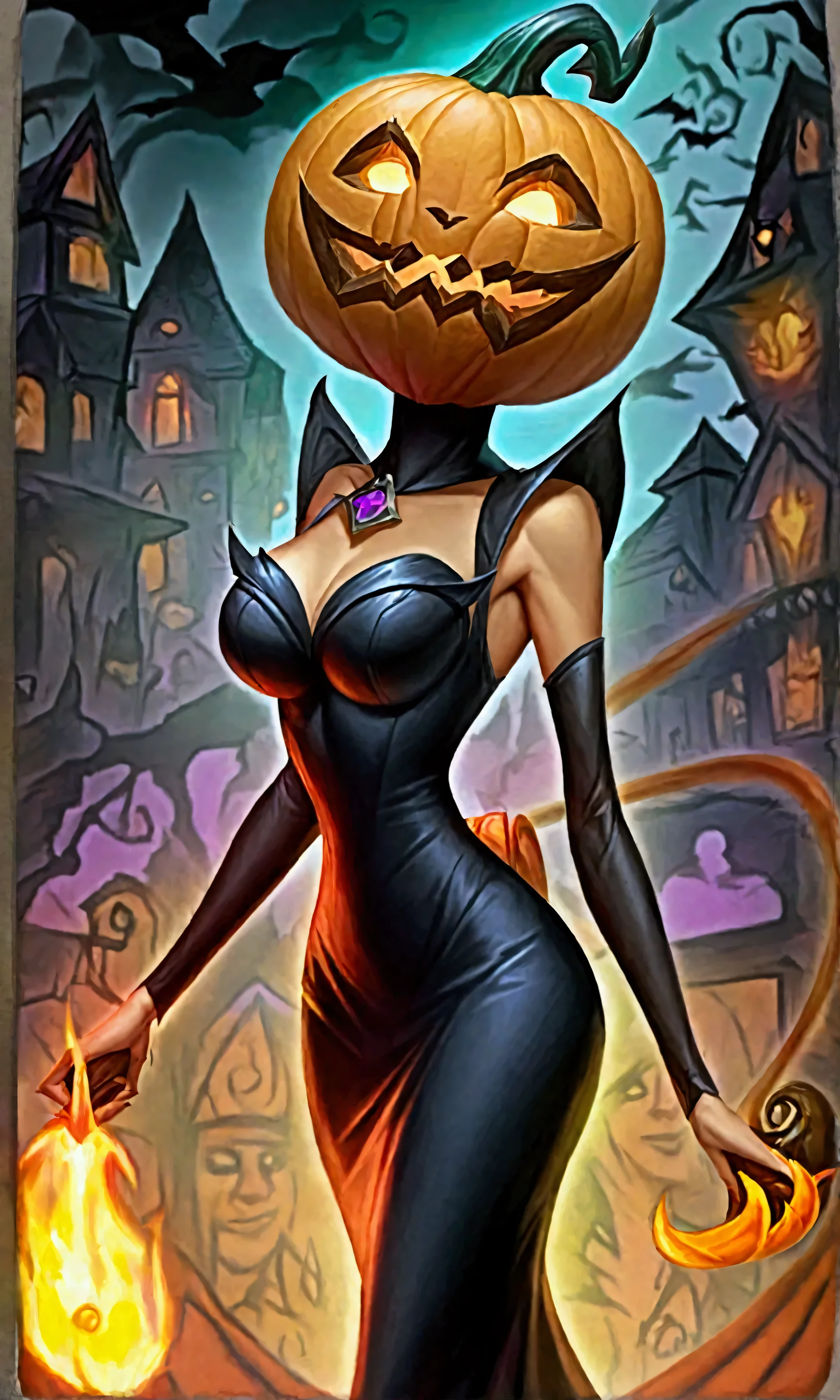 (pumpkin queen PQueen spooky evil(Jack o Lantern head, pale sexy woman, slinky evil dress, wreathed in evil flame)) strolls down the main street of a Halloween village
