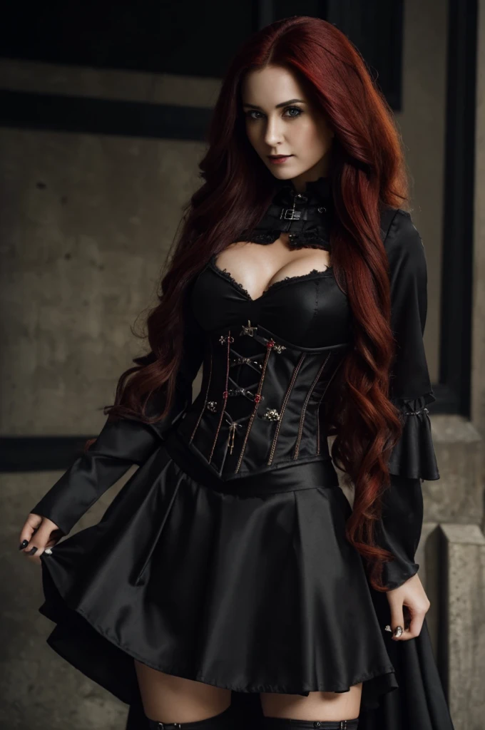 1 Gothic woman, 30 years old, pretty face, ultra detailed face and body, hyperrealistic, realistic representation, wearing a black bodice and a skirt with pointed, fiery red long hair