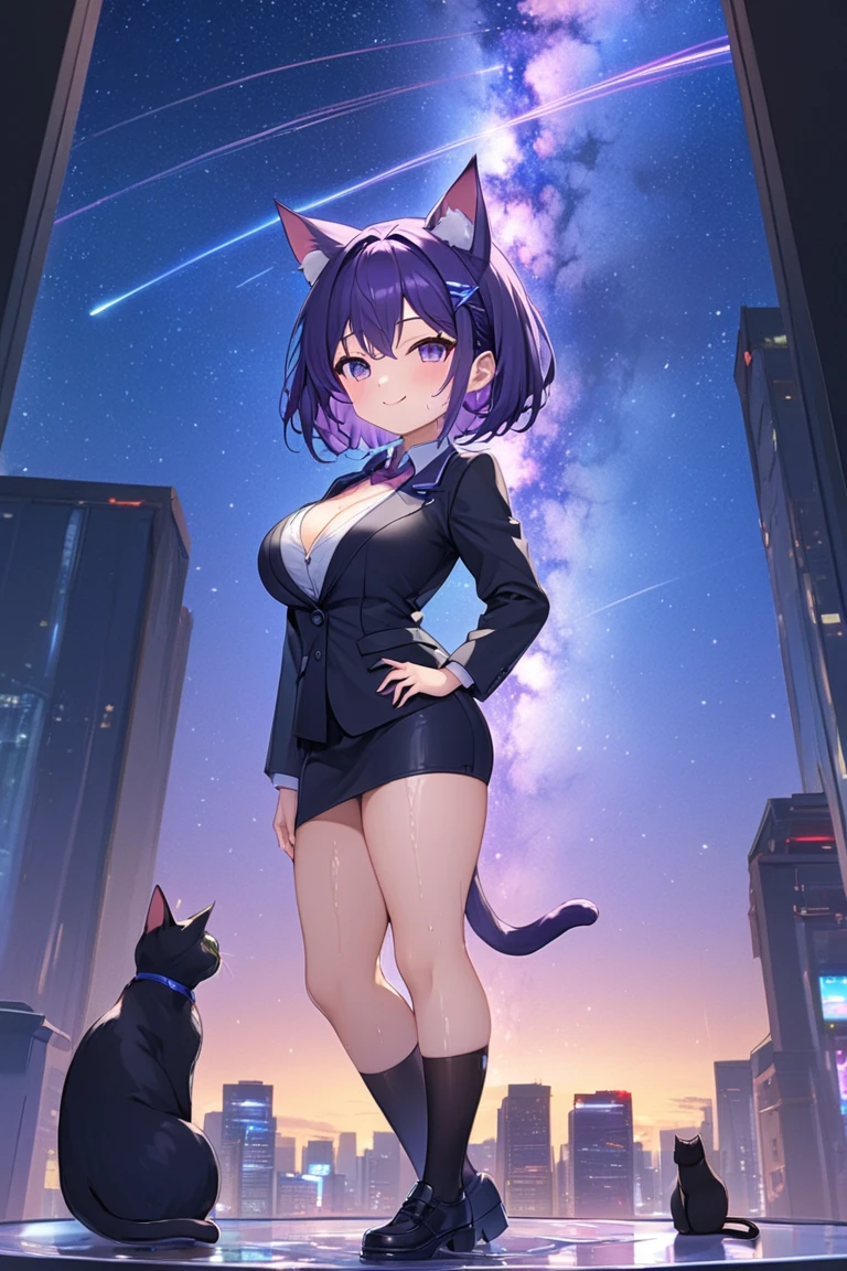 Shadows with Attention to Details  , (Best Quality:1.5,  high detail, masterpiece:1.2, Best aesthetics), (One cat-eared girl), Big Breasts:1.8,  Full Body Shot :1.5, Beautiful Skin, (wet skin:1.2), (cute face:1.4),  finger ratio adjusted , slender body,  beautifully adjusts skin texture , XLC,  dark purple and blue in the neon city at night, hair ornament, purple short hair, anime, Elaborate CGanimation ,  city, Cute smile, Unify the language of the signs in English,  cleavage is visible larger during covert action, Covert operation, The movie's elaborate lighting ,  a scene from the movie, Office workers in suits , pvc figure of, Nendoroid figure of , Starry Sky, milky way, nebula, shooting star, From the side, A pillar of light stretching into the sky, Laser beam, office lady, Tall