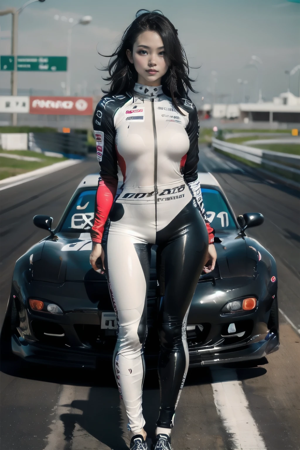  -tuned RX7,BBS LM,Wide Body Kit,Beautiful woman wearing a racing suit standing beside a car,F1 helmet,  anatomically correct, Best Quality, Ultra Wide Angle, 