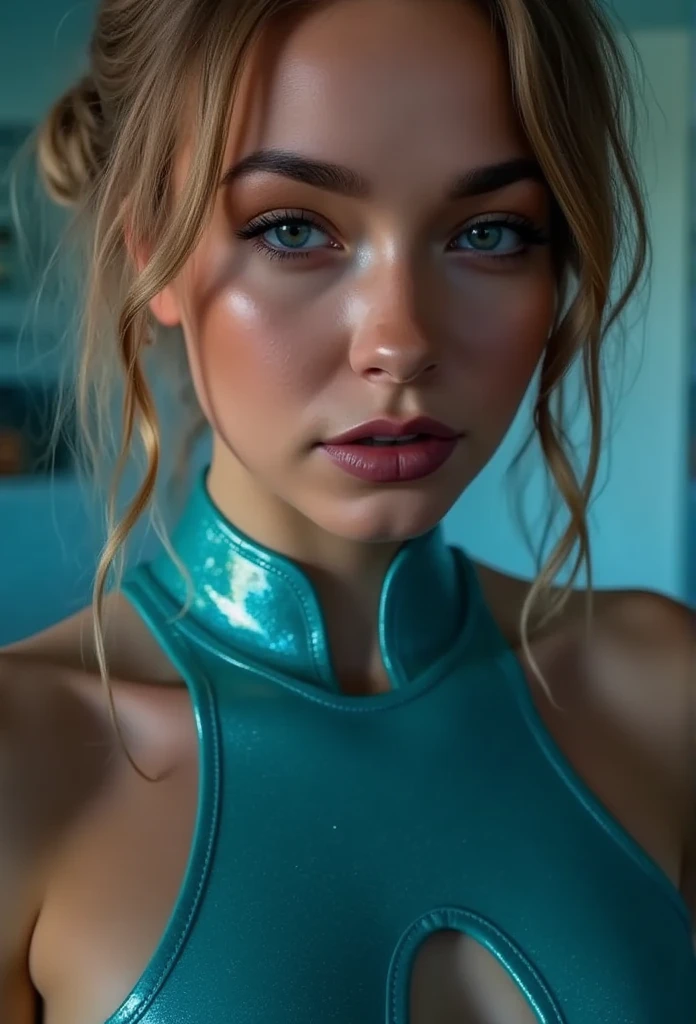  composition focusing on the upper body、（ heart pupils:1.2） （empty eyes:1.5）, saliva, open mouth、face waiting for kiss,（Composition from directly below:1.7）.（ composition focusing on the upper body）(Beautiful woman wearing a Tiffany blue holographic latex bodysuit:1.6） （huge breasts:1.4）,(bare navel:1.2),(Cameltoe:1.3)、 holographic ash hair、 short hair、  , Detailed face,  long eyelashes, （ dynamic pose:1.8）,    Cinema Lighting,  face close-up , Big Breasts, Beautiful face details, ( best quality :1.2,  very detailed , Latest, Vibrant,  super high definition,  high contrast , masterpiece:1.2, Best aesthetics), (((1 person))), Carefully drawn, Tension and excitement, After school classes,  Soft Focus , Cinema Lighting, Delicate details