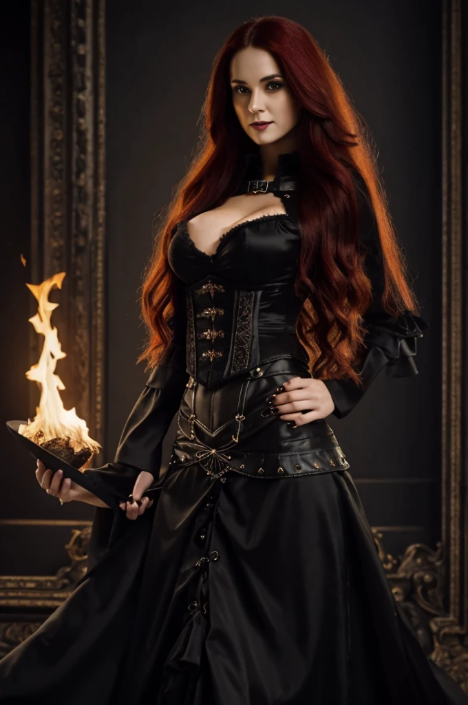 1 Gothic woman, 30 years old, pretty face, ultra detailed face and body, hyperrealistic, realistic representation, wearing a black bodice and a skirt with pointed, fiery red long hair