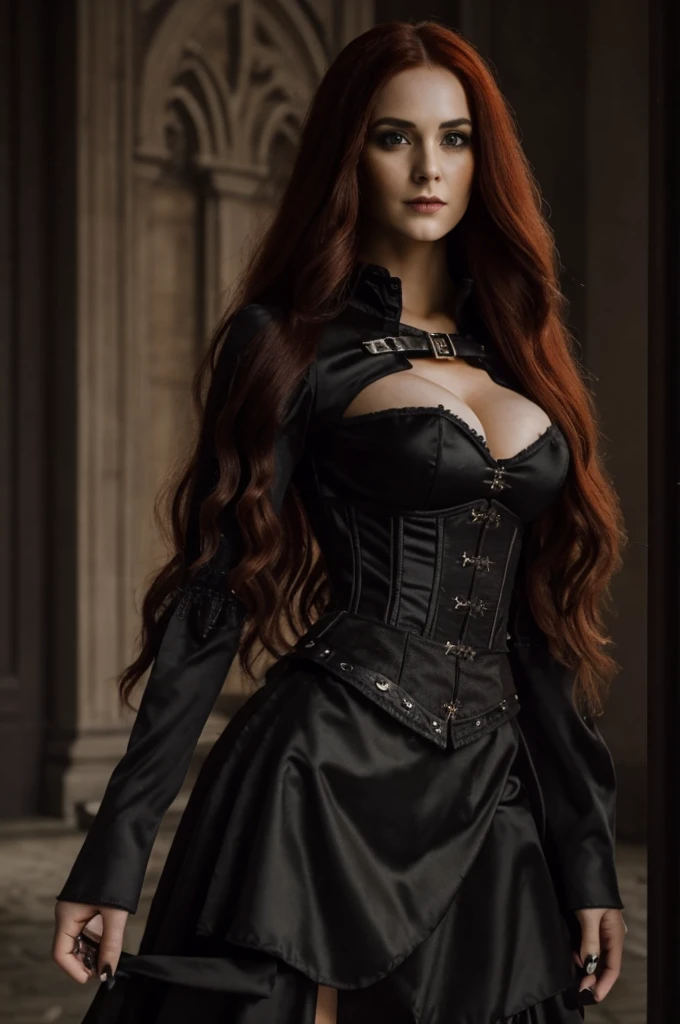 1 Gothic woman, 30 years old, pretty face, ultra detailed face and body, hyperrealistic, realistic representation, wearing a black bodice and a skirt with pointed, fiery red long hair