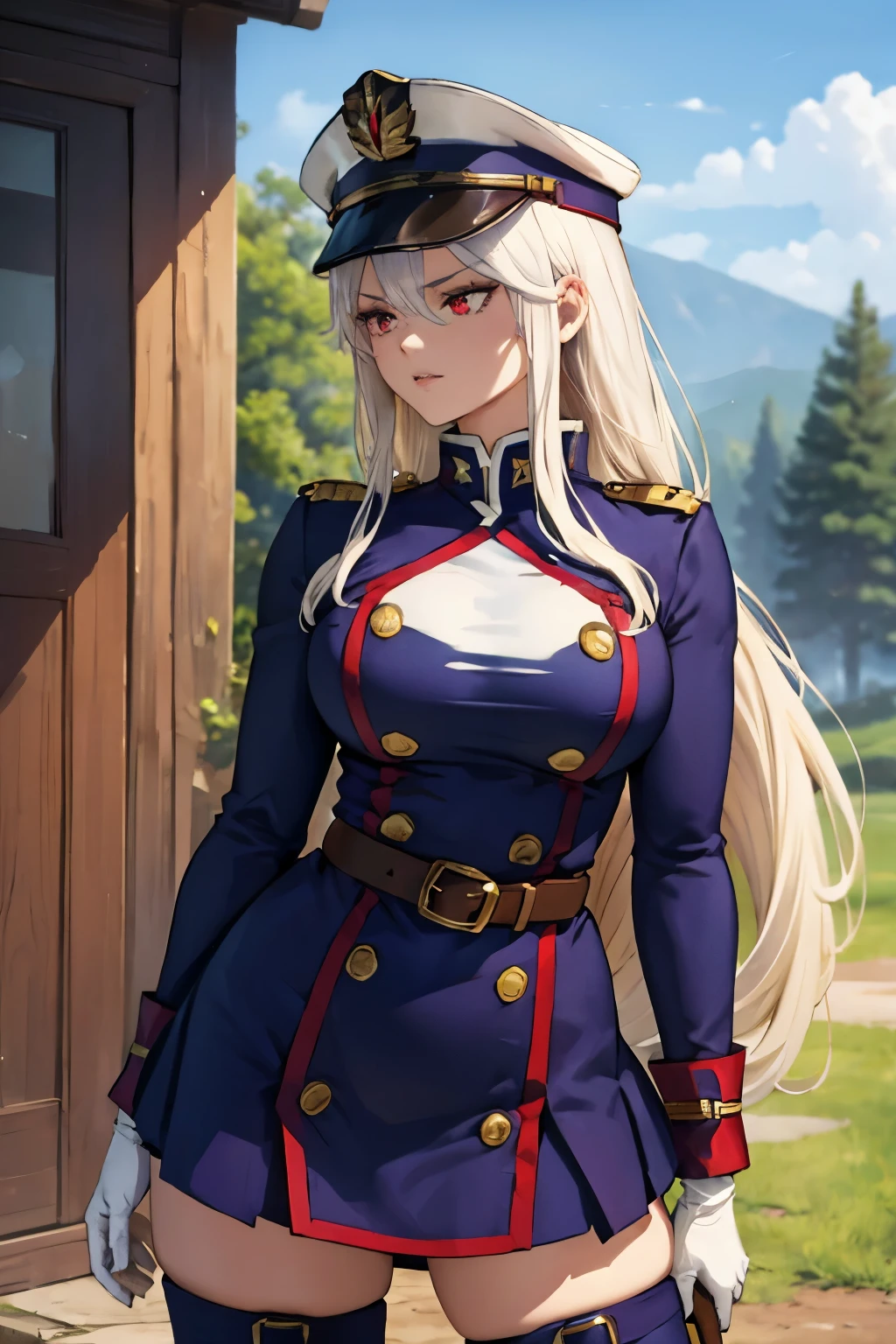 gros seins, jambes grasses, ((perfect eyes)), (side view), (extremely fine and beautiful:1.1), (perfect details:1.1), (finely detailed eyes and detailed face:1.3), ((uzen kyouka)), demon slave, outdoors, blue sky, long hair, (red eyes:1.3), white hair, BREAK thighhighs, gloves, hat, boots, belt, sword, uniform, zettai ryouiki, military, military uniform, thigh boots, shako cap,