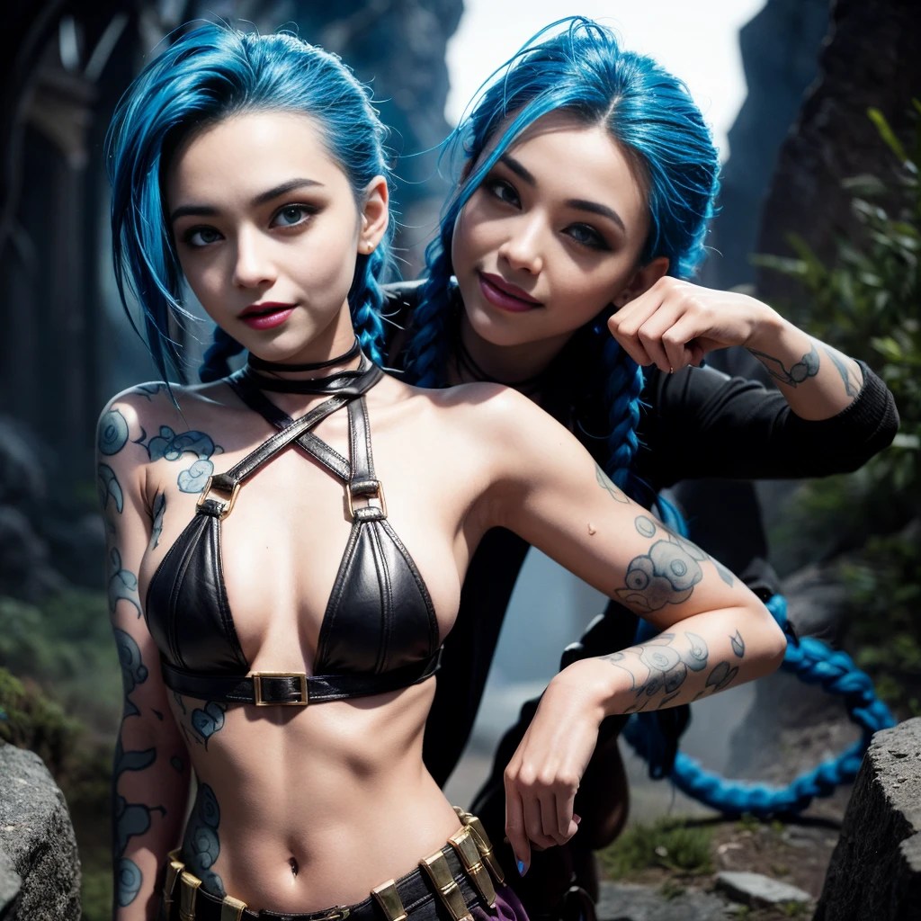 A blue haired female elf with tattoos and piercings standing in the rain, Fantasy, fantasy character portrait in the style of concept art., fantasy concept art created in the style of unreal engine., standing in the rain and mist of an ancient forest. She has dark tattoos on her arms and chest. The scene is in the style of concept art., wearing fantasy tribal