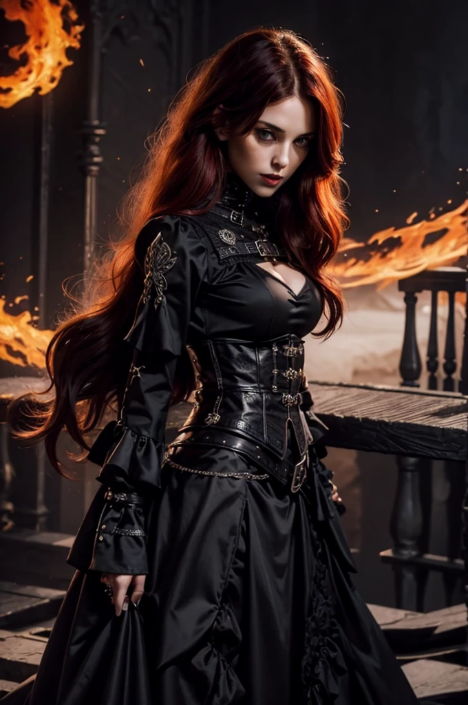 1 Gothic woman, 30 years old, pretty face, ultra detailed face and body, hyperrealistic, realistic representation, wearing a black bodice and a skirt with pointed, fiery red long hair