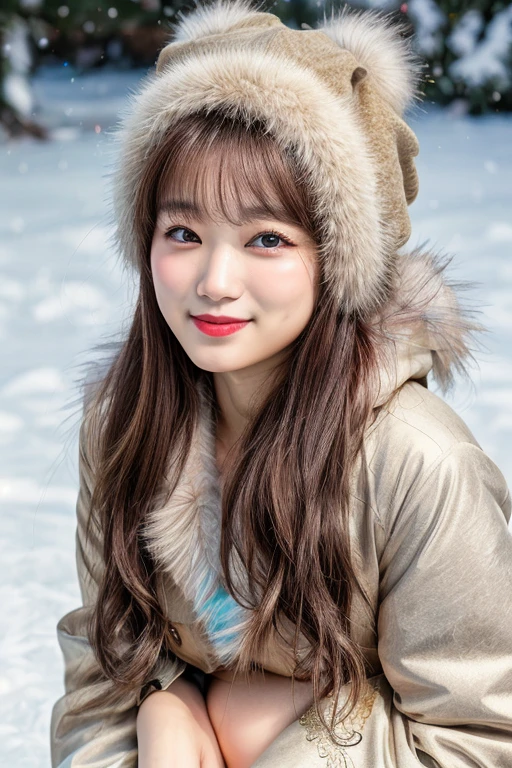 (nsfw), high resolution photograph of a Japanese girl, (realistic, photorealistic:1.37), (masterpiece, best quality), intricate details, extremely detailed, natural lighting, 8k RAW photo, nikon, Fujifilm XT3 ,(full body), solo, 1girl, baby face, squatting with spread legs, full frontal, eskimo coat, eskimo fur hat, open coat, (small breasts, thin nipples exposed), asymmetrical long hair, pale skin, (detailed face, detailed eyes, sophisticated nose, closed mouth, smile), (detailed background), white snow, snowflakes,