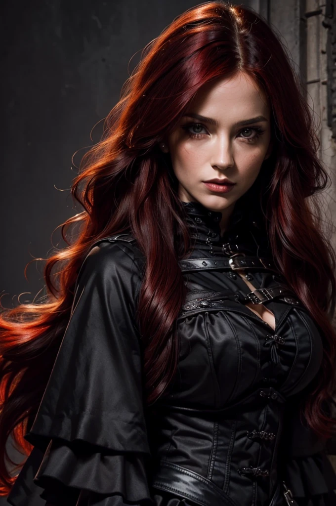 1 Gothic woman, 30 years old, pretty face, ultra detailed face and body, hyperrealistic, realistic representation, wearing a black bodice, fiery red long hair