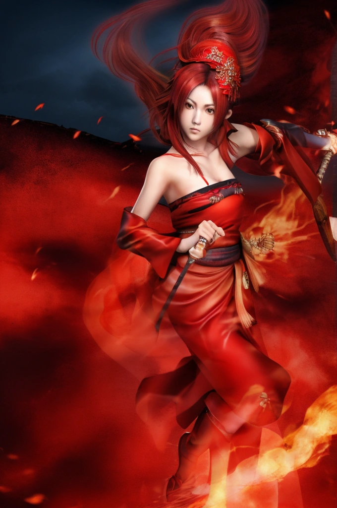 Realistic shakugan no shana samurai girl with red flame hair good style body with beautiful kimono clothes with katana great pose 