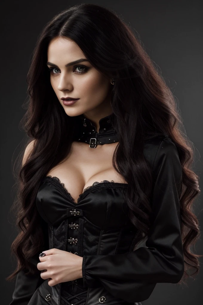 1 Gothic woman, 30 years old, pretty face, ultra detailed face and body, hyperrealistic, realistic representation, wearing a black bodice, fiery red, black long hair