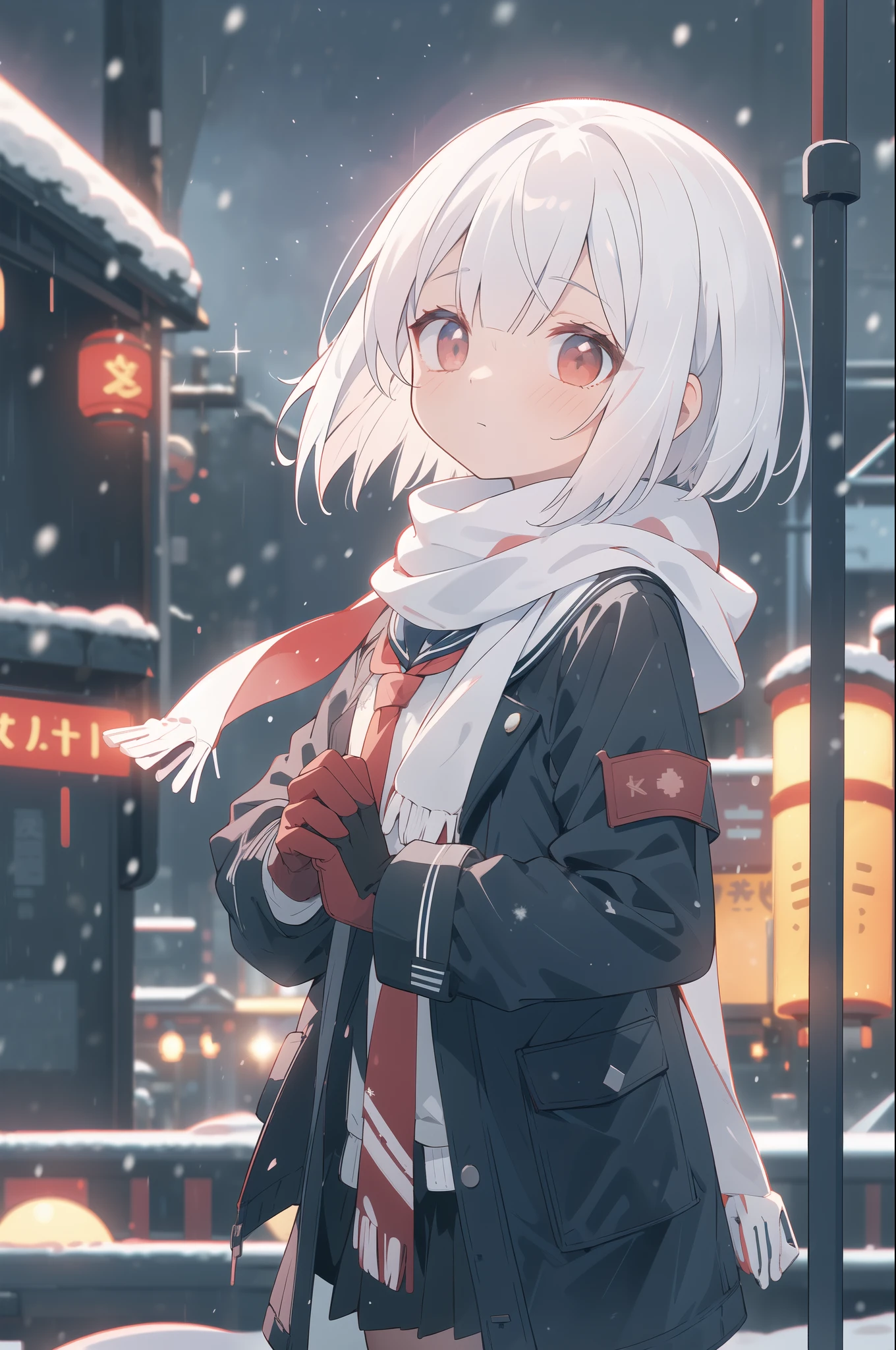  standing on a train station platform on a snowy day, 1 girl,Wearing Light,night,Sailor suit,Red tie,Wear a duffle coat on top ,Fluttering Hair,Turn around pose, sideways, bob cut ,White Hair, White background,  simple background, Kampala,  High Details,  lens flare , chromatic aberration, Halftone Style, 8K Octane, Gentle coloring,Concentration,Inner Color,  pastel colors ,Looking up,Bokeh,far and near method,Wears woolen gloves and a scarf,White Breath