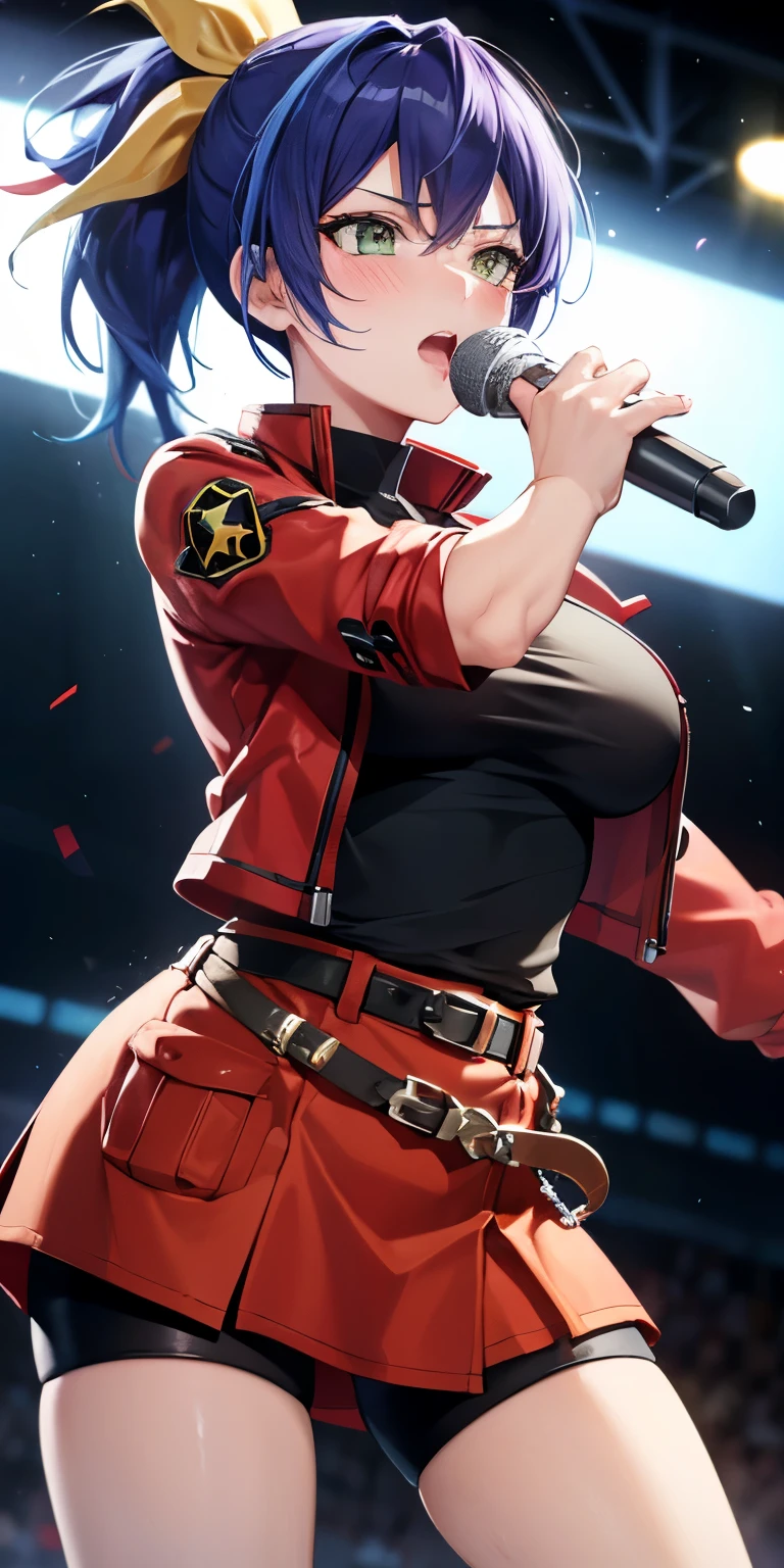 1 Female,High definition,high resolution,Ultra-realistic,8K, aaserena, yellow ponytail, ((multicolored hair)), red jacket, black shirt, belt, red skirt,(shorts under skirt), tight skirt, miniskirt ,jewelry, large breasts,holding instrument, microphone, singing,European,sexy,Upper body close-up,Photographed from the front,Dynamic Angles,(blush), (medium tits) ,(perfect hands), multicolored hair 