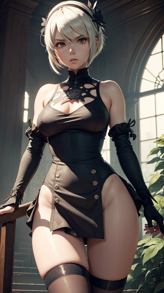 Hay una mujer con un traje de sirvienta posando para una foto, 2b, 2 b, Thicc, 2b nier automata, 2 b de Nier Automata, 2b de Nier Automata, Sirvienta, Hermosa criada, a sexy maid in a magical forest, cosplay de un catboy! Sirvienta! vestido, Traje de sirvienta, illuminated from behind, agacharse