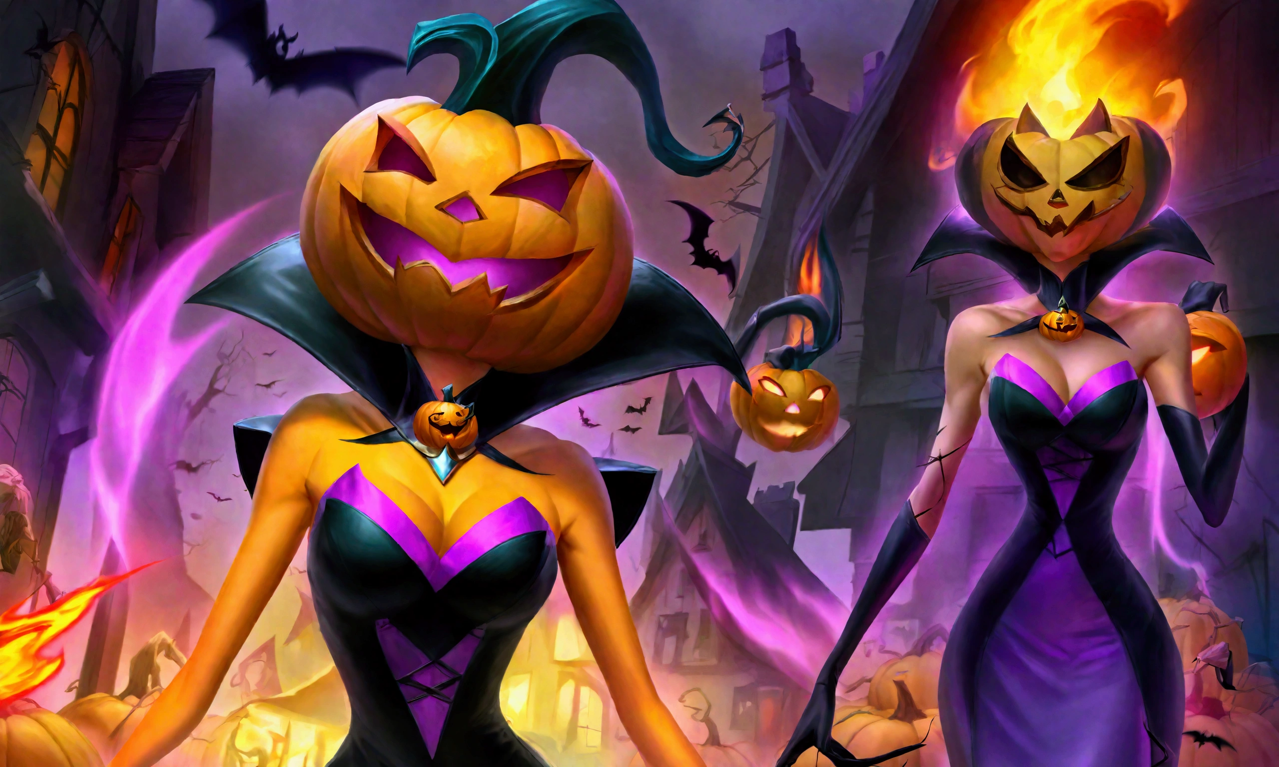 (pumpkin queen PQueen spooky evil(Jack o Lantern head, pale sexy woman, slinky evil dress, wreathed in evil flame)) strolls down the main street of a Halloween village, nightmare creatures bow and pay homage to the queen, Lady Dracula is aroused
