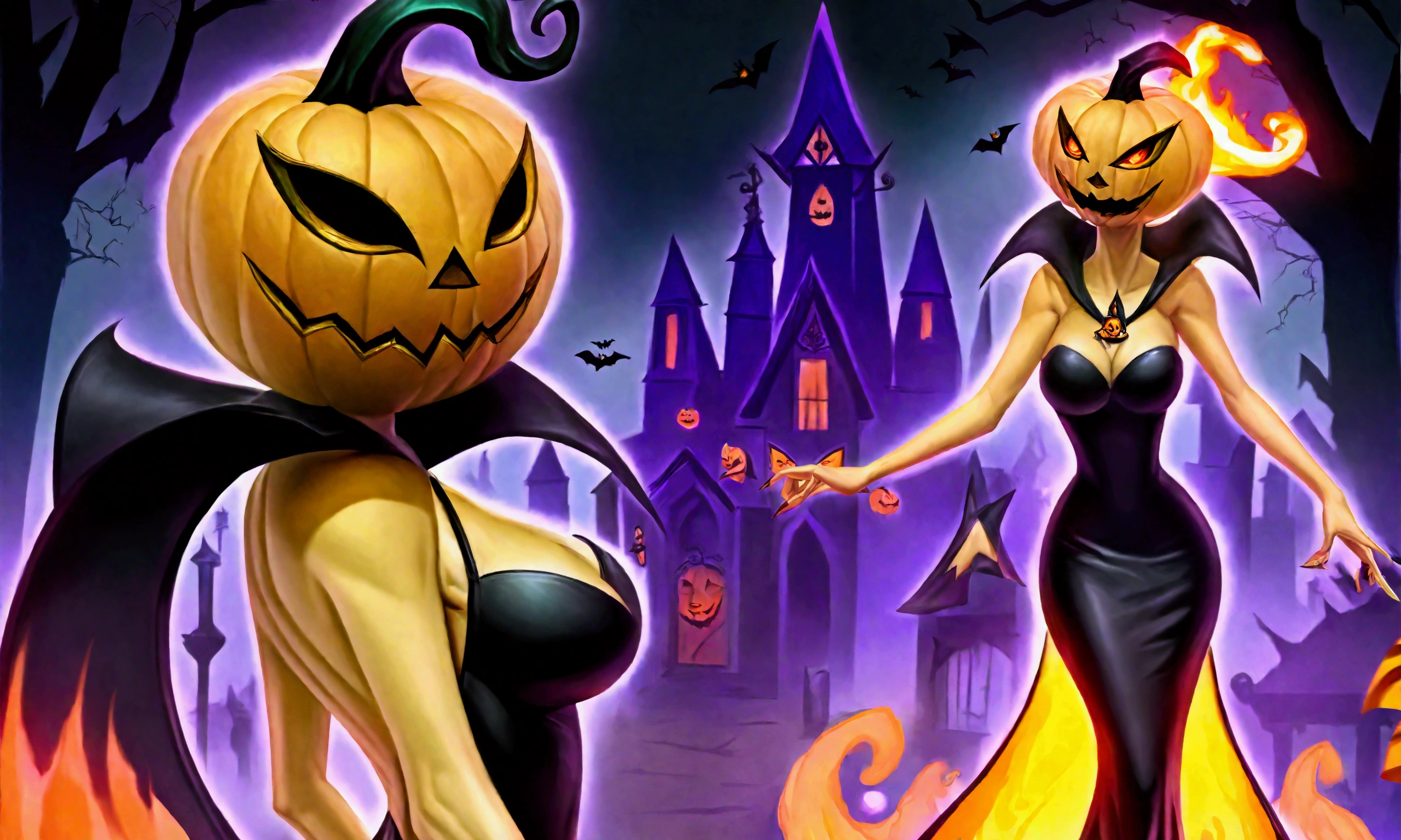 (pumpkin queen PQueen spooky evil(Jack o Lantern head, pale sexy woman, slinky evil dress, wreathed in evil flame)) strolls down the main street of a Halloween village, nightmare creatures bow and pay homage to the queen, Lady Dracula is aroused
