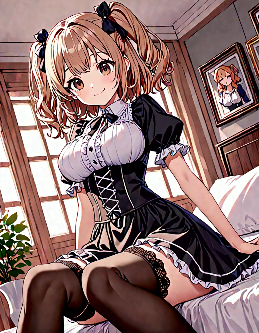 (masterpiece)(best quality)(ultra detailed)(high res),petite girl, light brown hair, medium hair, wave hair, two side up with ribbon, dark brown eyes, large breasts, joyful smile, upper body above the knees, free angle, Gothic Lolita fashion, puff sleeve blouse, short sleeves, high waist flared skirt, stockings with lace trim, girl's room, relaxing,