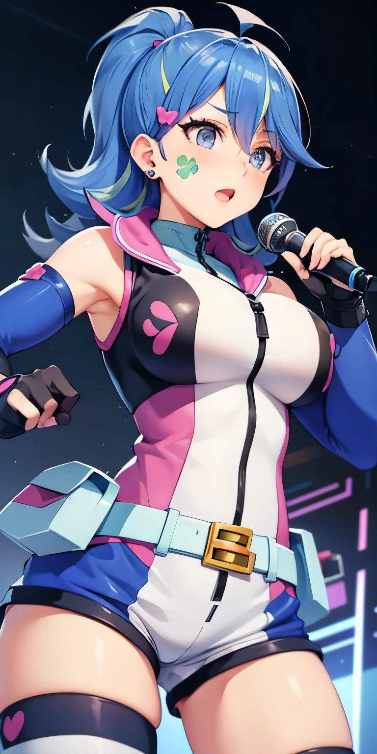 1 Female,High definition,high resolution,Ultra-realistic,8K, hmbg, medium hair, multicolored hair, antenna hair, hair ornament, facial tattoo, heart earrings, sleeveless jacket, sleeveless, detached sleeves, fingerless gloves, belt, white shorts, large breasts,holding instrument, microphone, singing,European,sexy,Upper body close-up,Photographed from the front,Dynamic Angles,(blush), (medium tits) ,(perfect hands)