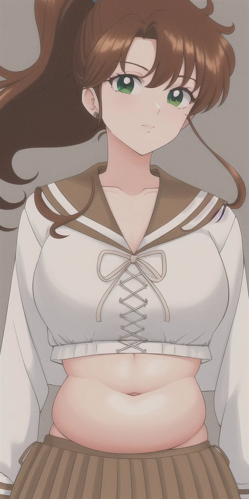 kino_makoto, standing, solo, School_uniform_Serafuku_White_shirt_Brown_sailor_collar_Cross-laced_top_Brown_skirt, masterpiece, best quality, detailed face, detailed eyes, highres, midriff, belly button, stuffed belly, chubby belly, black background, 