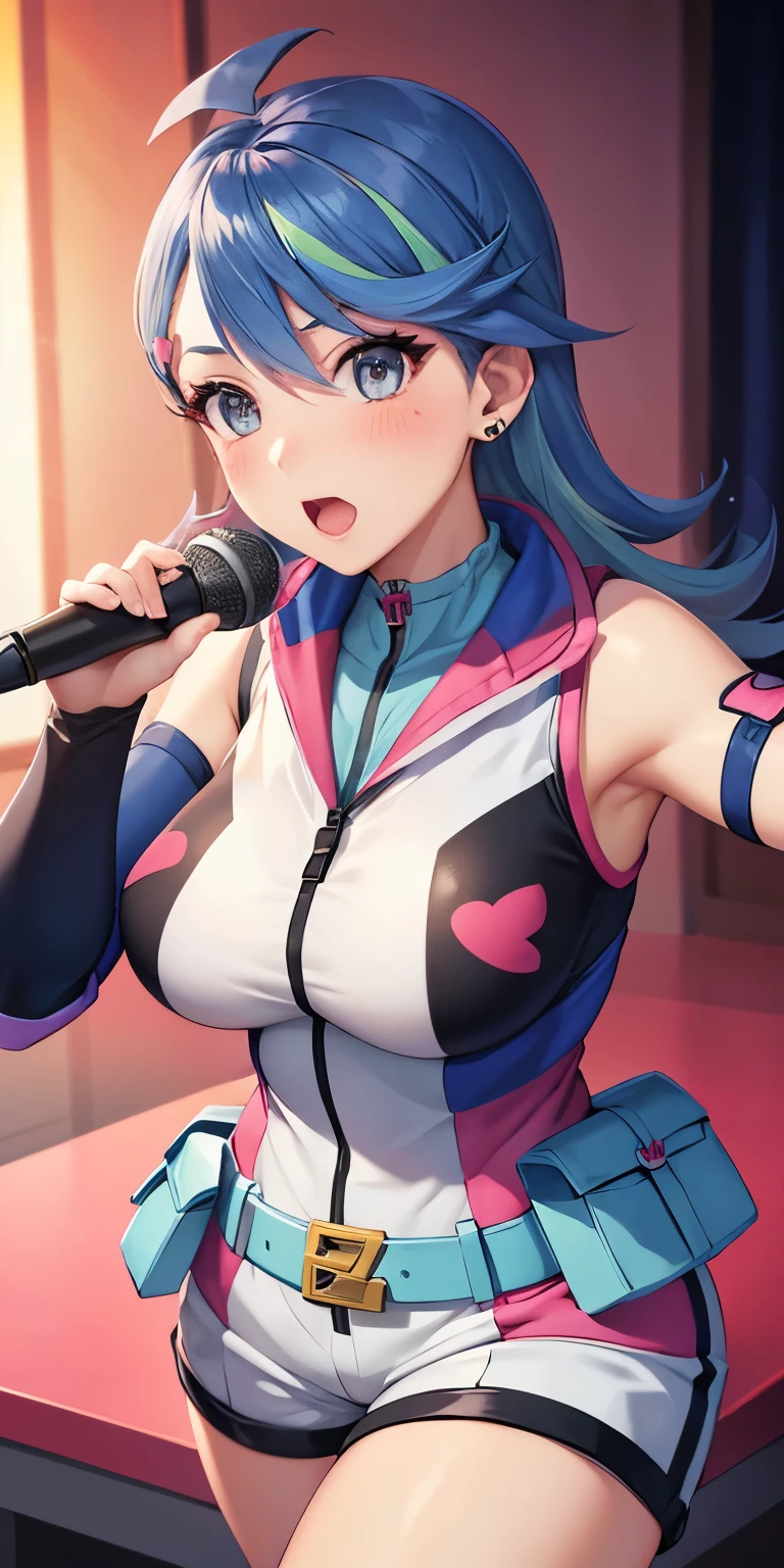 1 Female,High definition,high resolution,Ultra-realistic,8K, hmbg, medium hair, multicolored hair, antenna hair, hair ornament, facial tattoo, heart earrings, sleeveless jacket, sleeveless, detached sleeves, fingerless gloves, belt, white shorts, large breasts,holding instrument, microphone, singing,European,sexy,Upper body close-up,Photographed from the front,Dynamic Angles,(blush), (medium tits) ,(perfect hands)