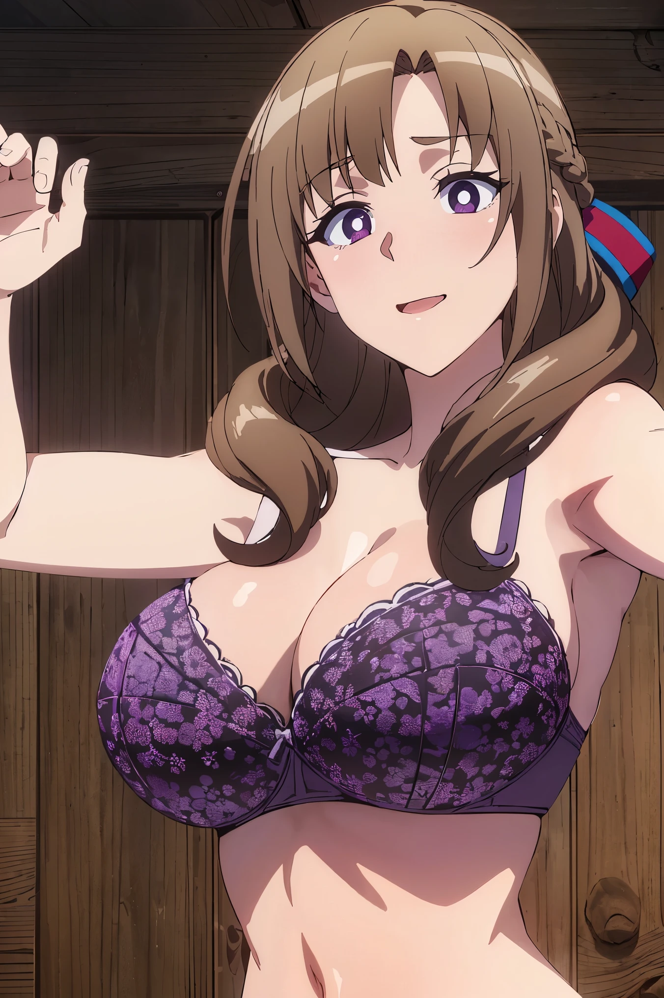 huge tits , best quality, upperbody, (masterpiece:1.2), highly detailed,  cleavage, (((random pose))), 1girl,  ((black bra))), brown hair, smile, hair ribbon, white background, (((purple eyes, white pupil))), open mouth, (((look at camera)))