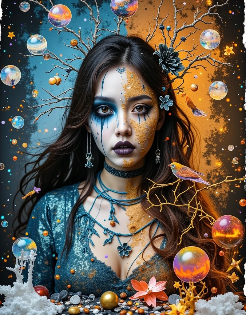 A stunningly realistic (((Alcohol Ink double exposure illustration))), where the main image is a (fantastical spectral female form) with intricate details and a (long exposure backdrop) that meld together in a (softly blended double exposure effect). The interplay of colors and (iridescent,patterns) creates a surreal optical illusion, with a (fantastical female figure) whose dress and (extremely long, flowing hair) blends seamlessly with the (ethereal surroundings). The overall atmosphere exudes an air of (fantasy and enchantment) that makes the piece a (masterful artistry) Awe inspiring , surreal structured mix media art,, art by Luzia Caldari, Carne Griffiths and Vanessa Barragao. Coherent background, Close-up, stitching in bright colors, 3D-effect artwork, 3d vector painting, sharp focus, beautiful, highly detailed, concept art, stunning, molecular, textures, breathtaking beauty, pure perfection, divine presence, unforgettable, impressive, breathtaking beauty, Volumetric light, rays, vivid colors reflects, centered, symmetry, painted, intricate, volumetric lighting, beautiful, rich deep colors masterpiece, sharp focus, ultra detailed, in the style of dan mumford and marc simonetti