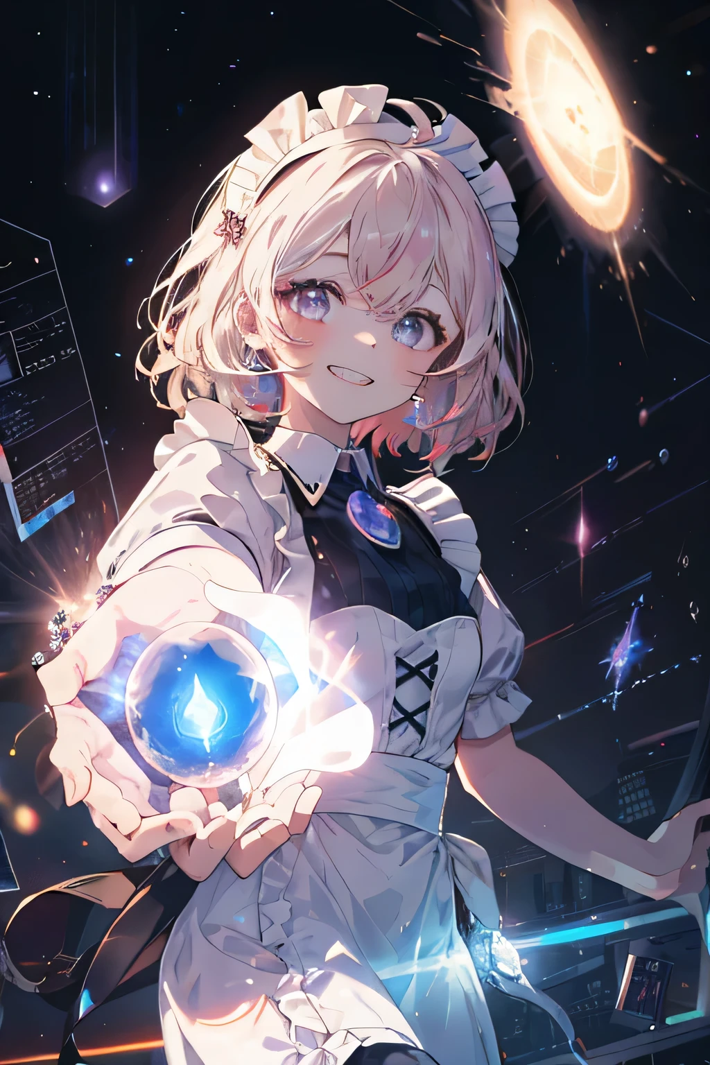 maid with headpiece girl smiling (Showing the teeth), Fuse girl , unknown background , (8 dimensions ), ( with a portal in the sky ),Cosmic Essence ,  the Sun is very radiant and with a strong breeze, The hands are almost hologram ,  the girl appears as a hologram 