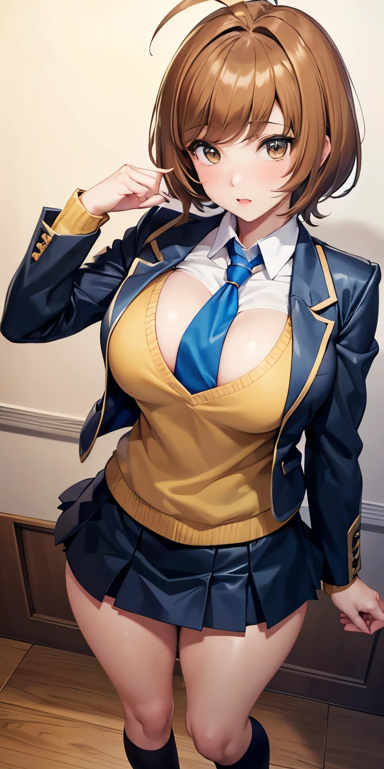 1 Female,High definition,high resolution,Ultra-realistic,8K, hmza, short hair, antenna hair, brown eyes, school uniform, blue necktie, yellow shirt,black jacket, long sleeves, black skirt,tight skirt, miniskirt, large breasts, brown shoes,large breasts,European,sexy,Upper body close-up,Photographed from the front,Dynamic Angles,private teacher,A little sheer underwear,blue underwear,blush, big tits ,(top view),(full body), perfect face,cute face