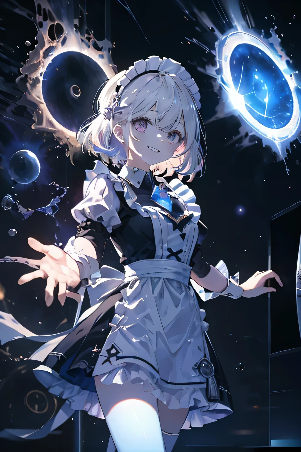 maid with headpiece girl smiling (Showing the teeth), Fuse with a shadow that haunts her,  unknown background, (8 dimensions ), ( with a portal in the sky ),Cosmic Essence ,  the Sun is very radiant and with a strong breeze, The hands are almost hologram ,  the girl appears as a hologram 