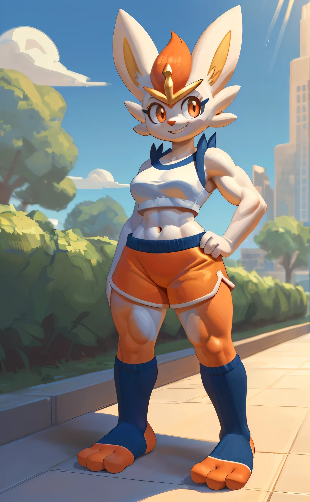 [cinderace], [pokemon], [Uploaded to e621.net; (wamudraws), (Pixelsketcher), (mayosplash], ((masterpiece)), ((HD)), ((high res)), ((solo portrait)) ((waist up)), ((front view)), ((full body)), ((feet visible)), ((cute cartoon aesthetic)), ((detailed shading)), ((beautiful render art)), {(white and red fur), (red ear fluff), (cute orange eyes), (defined muscles), (medium breasts), (curvy hip), (beautiful legs), (defined feet), (cute smile)}, {(white crop top), (navel), (orange shorts), (blue stirrup socks)}, {(standing), (looking at viewer)}, [ambient lighting, park, sun rays]