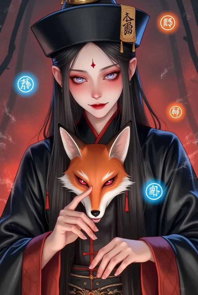   Art Illustration， colored pencil drawing  ： The  , teeth， ANIMATED COMICS  ，Qing Dynasty， OFFICIAL SERVICE ，Official hat，black，Holding a fox mask， orange runes floating in the air ，  glowing blue symbol  ， , Dark Energy, Dark Shadows,  gloomy lighting ,  dark red and purple tones , 