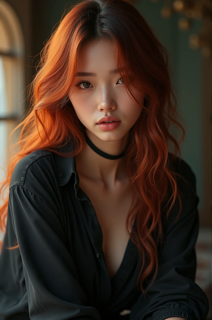 beautiful pretty model koren girl showing her long sharp natural fingernails, red hair, red slit eyes, pretty lomg legs, nana from afterschool, wearing opened shirt and black ripped mini jeans, sitting on the chair, modern luxury room