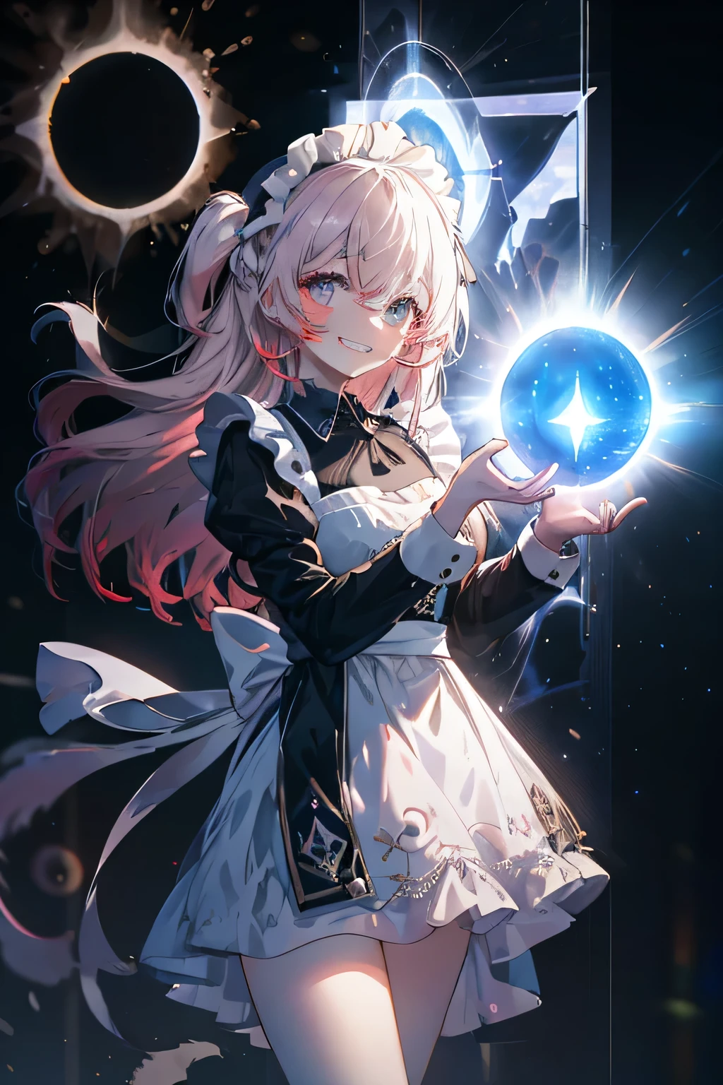 maid with headpiece girl smiling (Showing the teeth), a shadow that stalks her willing to engulf her, unknown background , (8 dimensions ), ( with a portal in the sky ),Cosmic Essence ,  the Sun is very radiant and with a strong breeze, The hands are almost hologram ,  the girl appears as a hologram 