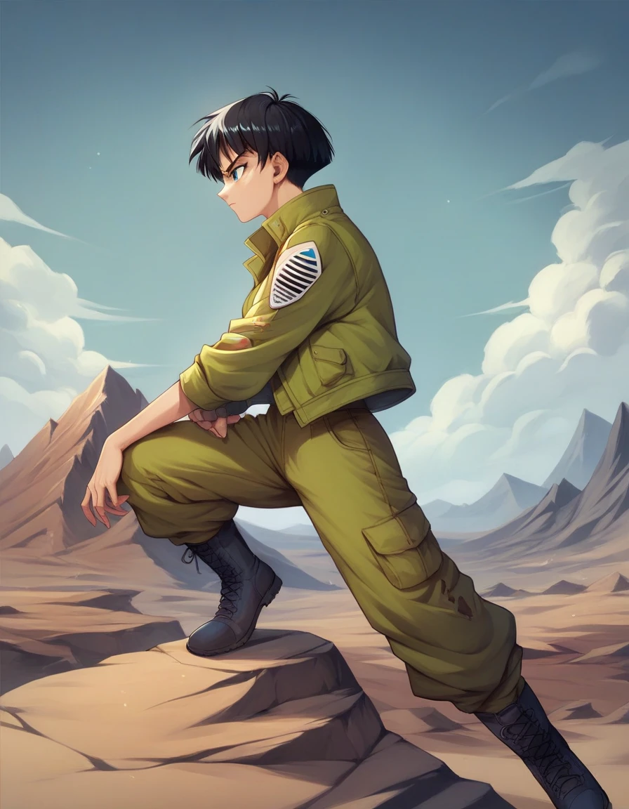 Create a profile picture of a female Saiyan warrior named Kira. She has short black hair with pointed tips and striking emerald green eyes. Kira is wearing a lightweight black combat jacket with blue accents and dark, durable pants, along with combat boots. The background should depict a barren, rocky desert landscape with mountains in the distance, capturing a sense of arid adventure. Kira should have a confident and determined expression, embodying the spirit of a warrior ready for any challenge."