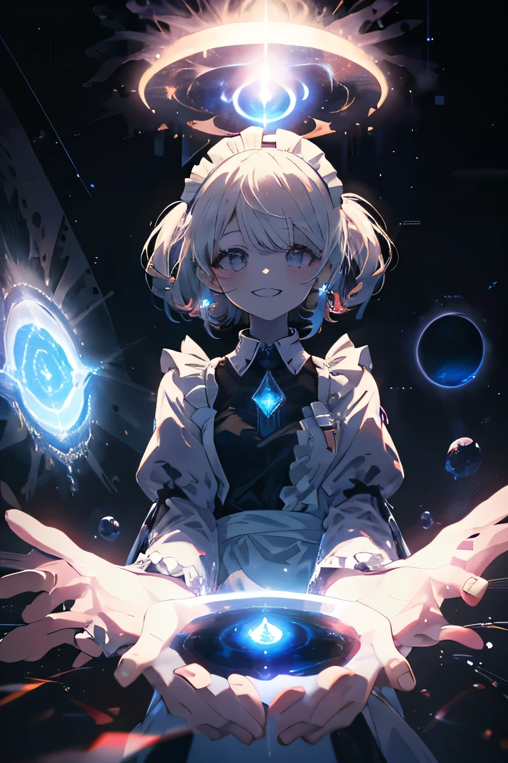 maid with headpiece girl smiling (Showing the teeth), a shadow that stalks her willing to engulf her, unknown background , (8 dimensions ), ( with a portal in the sky ),Cosmic Essence ,  the Sun is very radiant and with a strong breeze, The hands are almost hologram ,  the girl appears as a hologram 