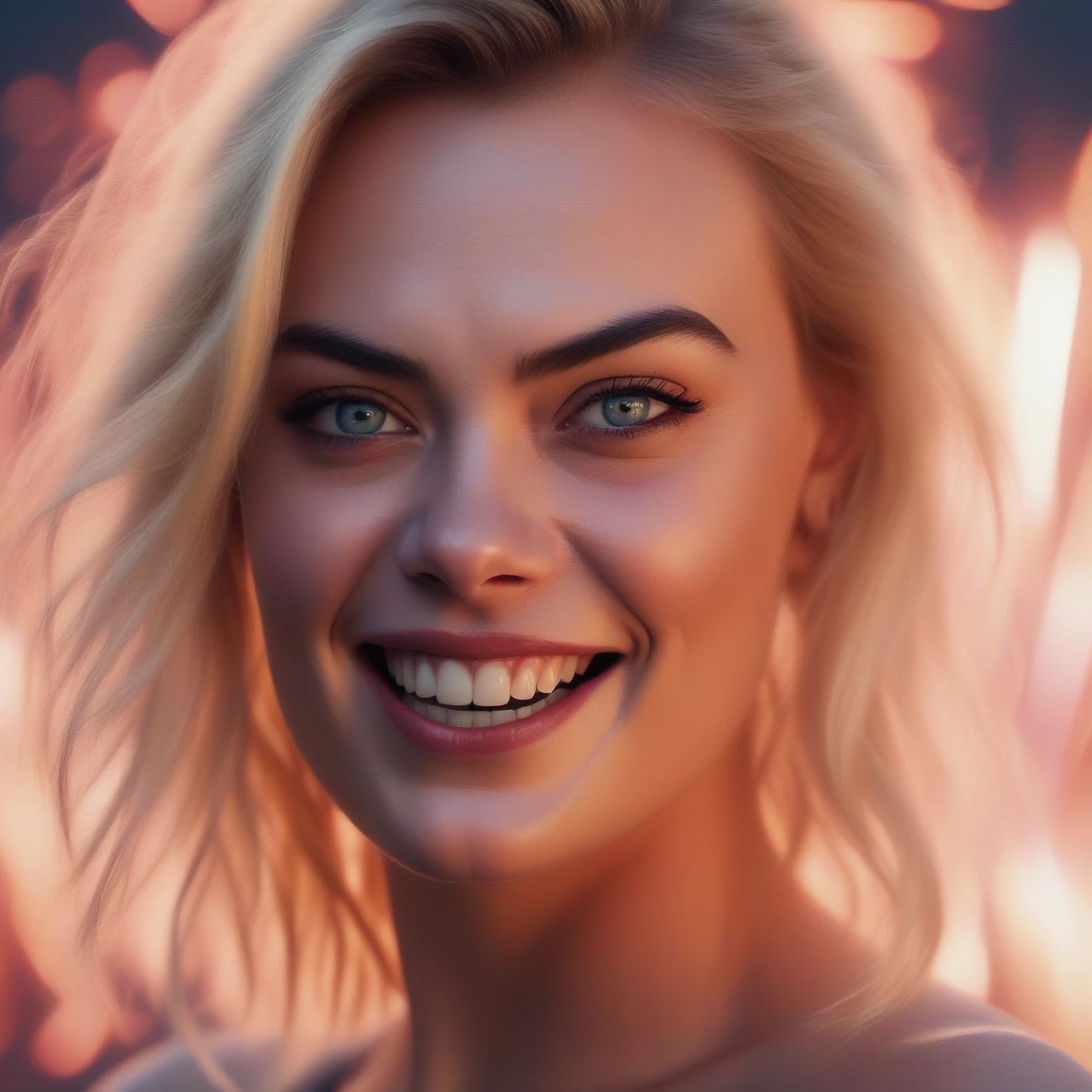 margot_ Robbie Like Harlequin , dramatic light, fireworks, explosions, ,  evil smile , In an apocalyptic setting,  ultra high definition , 8k, ultra sharp focus ,  very high quality model ,  soft lighting, photography on film, analog photography, hyperrealism,, ((sharp face,  face image,  realistic face , natural skin, pele realista, detailed skin, , detailed eyes,realistic eyes)),