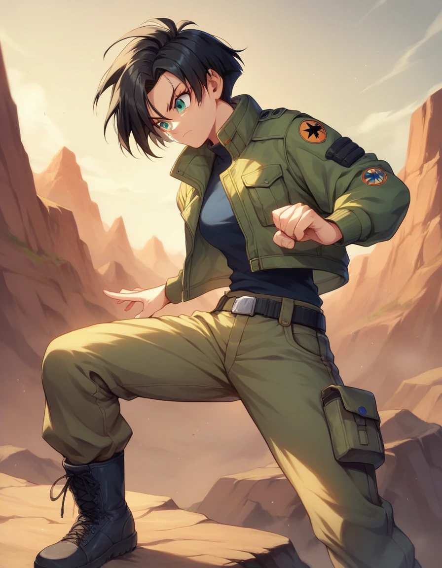 Create a social media profile picture of a female Saiyan warrior named Kira. She has short black hair with pointed tips and vibrant emerald green eyes. Kira is wearing a modern, stylish black combat jacket with blue accents, dark cargo pants, and combat boots. The background should feature an arid, rocky desert landscape with distant mountains, capturing a sense of adventure. The composition should focus closely on Kira's face and upper body, showcasing her confident and determined expression, perfect for a dynamic social media presence."