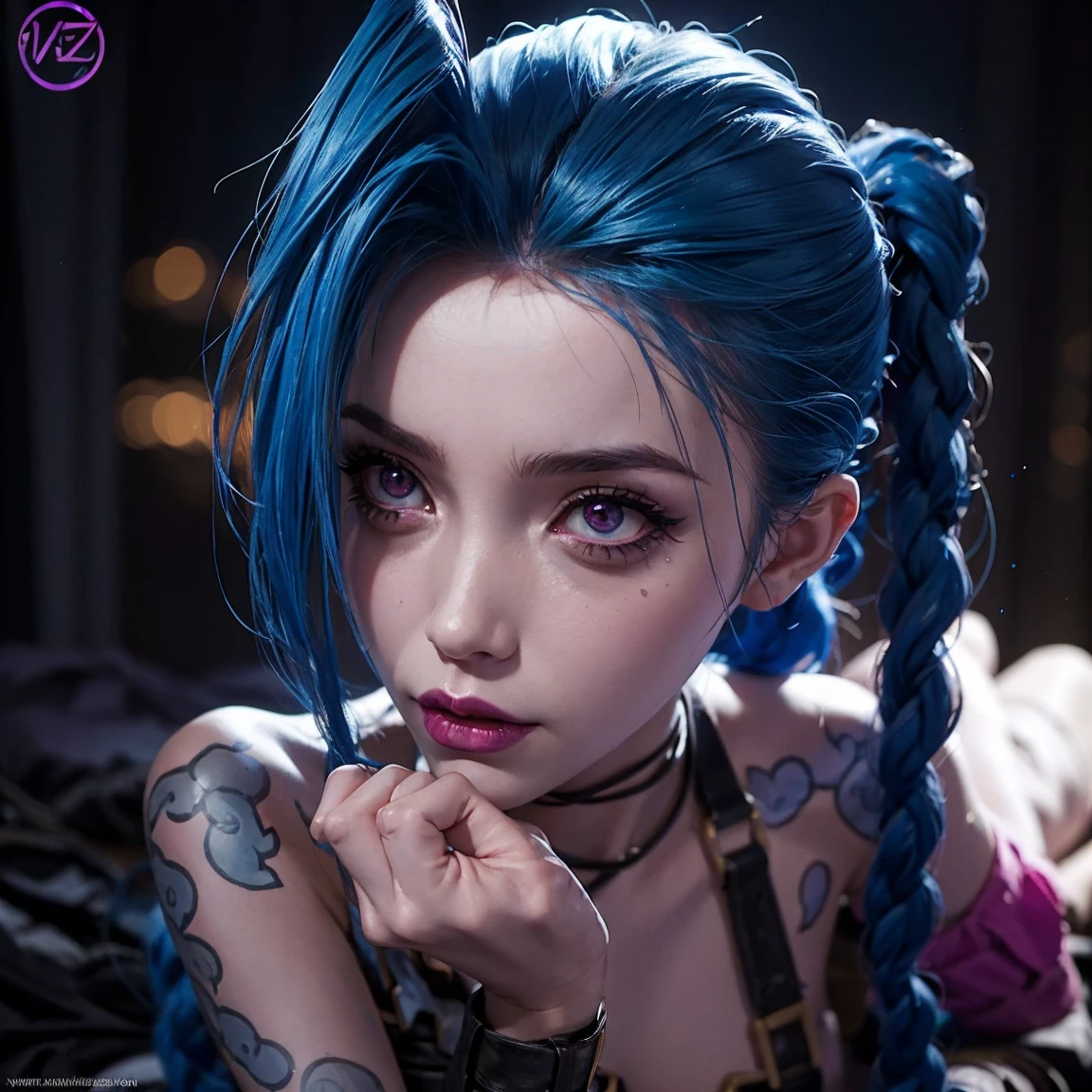 jinx arcane in sexy and seductive pose, actress , provocative look, illuminated environment ,  details  