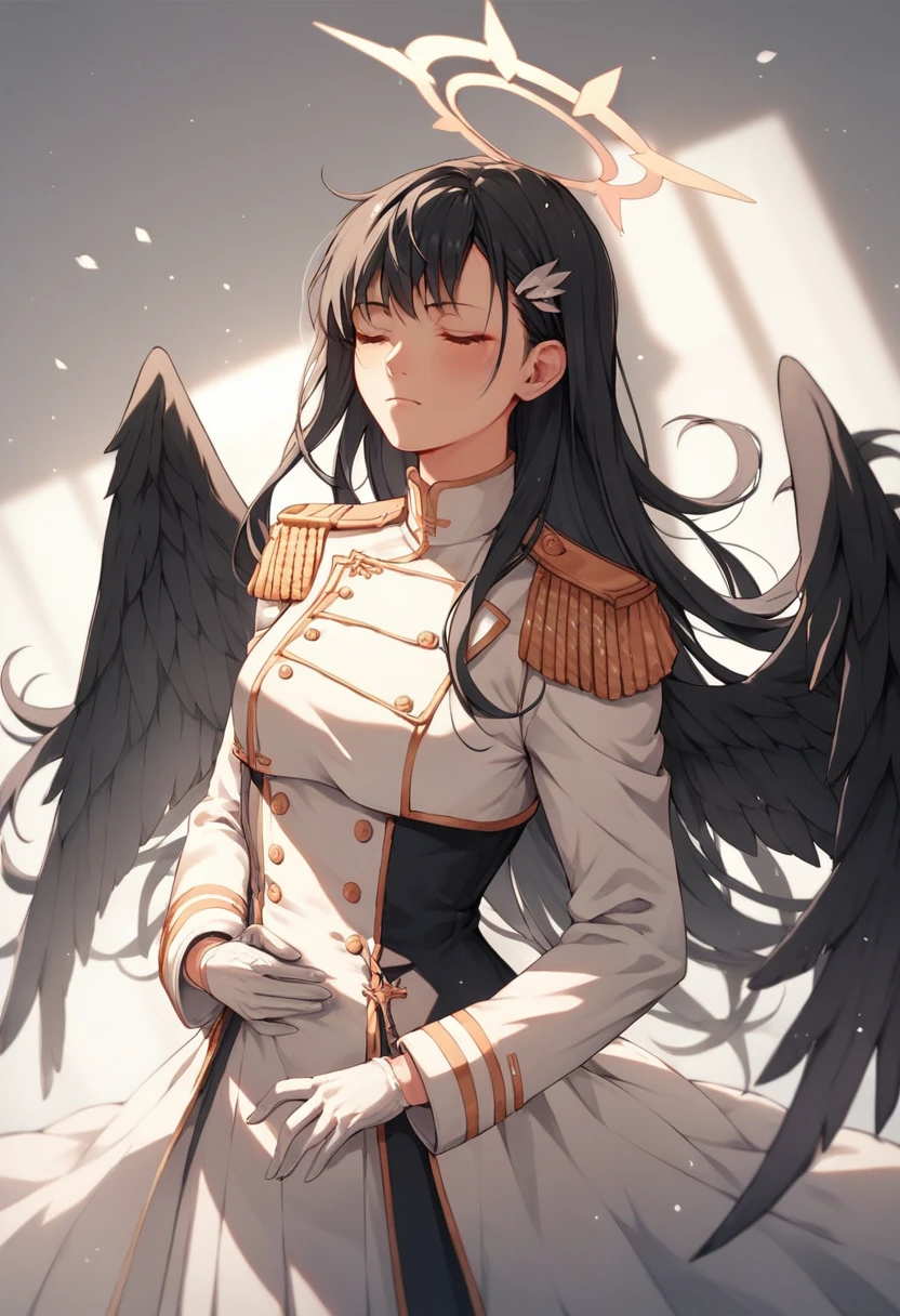 ichika , solo, ahog, White gloves, wings,low wings, halo, long sleeves, long hair, black hair, hair ornament, 1girl, closed eyes, black wings, White tails, epaulettes on both shoulders、white tailcoat、white pantsuit