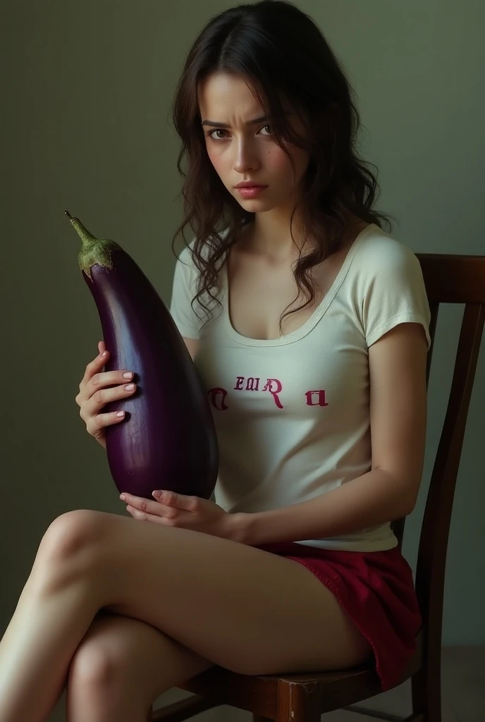 A girl naked sitting on a chair with an eggplant inside her vagina