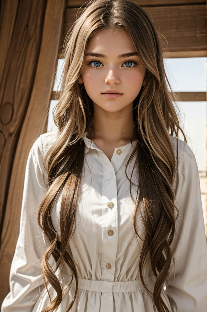  a 20-year-old young woman , light-eyed , with long wavy hair,  wearing Christian clothing , beautiful,  white film grain isolated 