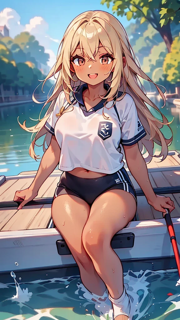 1 girl, (dark skin, brown skin, very tan skin), blonde long hair, rowing uniform, sitting in a competition boat, bright fresh smile, bouncing youth, glistening sweat, pretty girl, big tits,