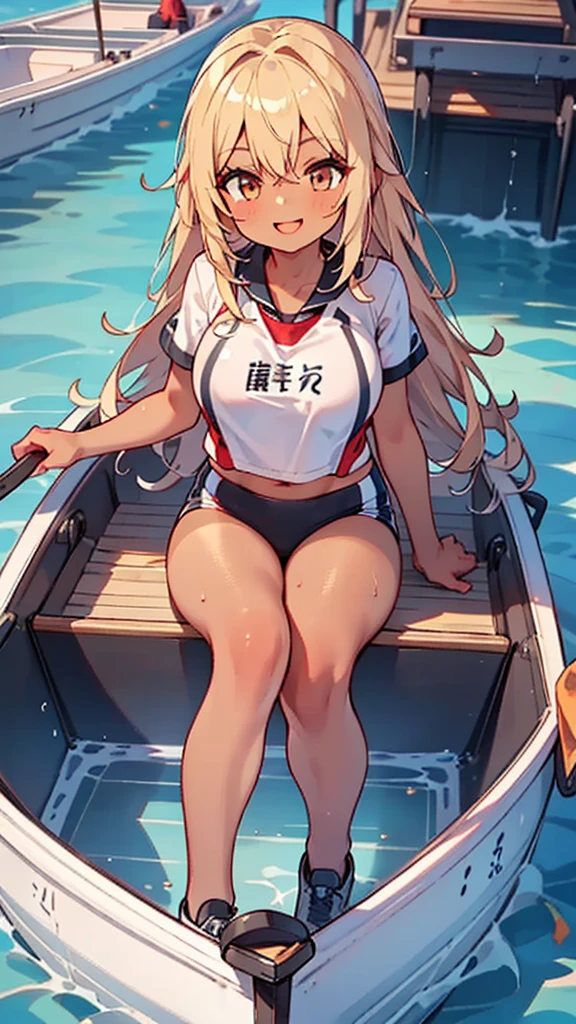 1 girl, (dark skin, brown skin, very tan skin), blonde long hair, rowing uniform, sitting in a competition boat, bright fresh smile, bouncing youth, glistening sweat, pretty girl, big tits,